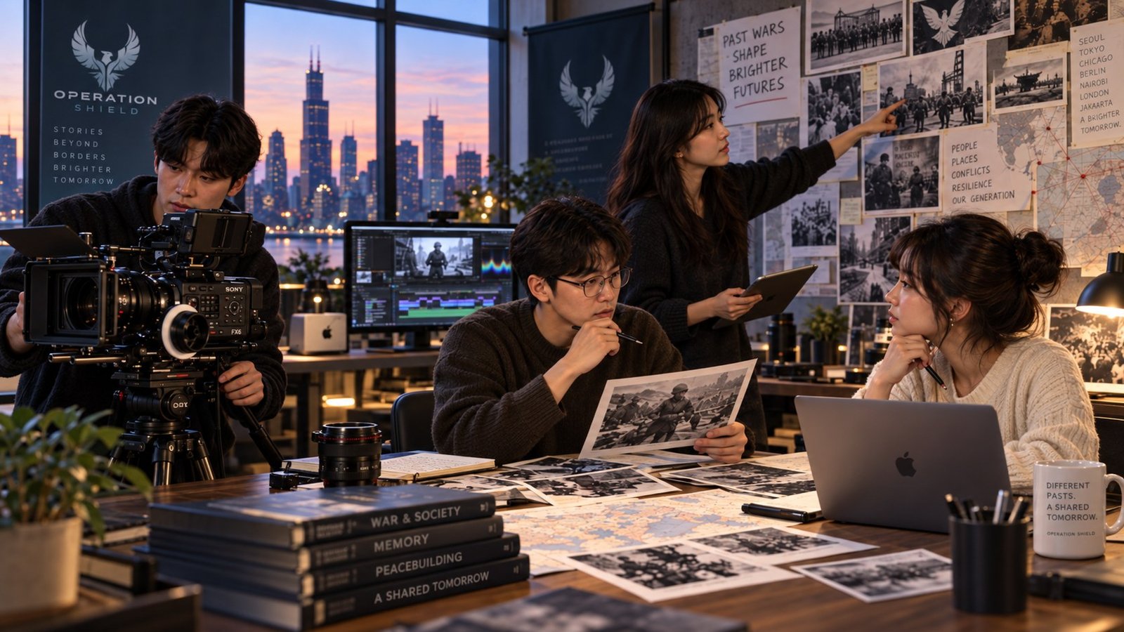 Production concept showing emerging filmmakers collaborating around editing equipment