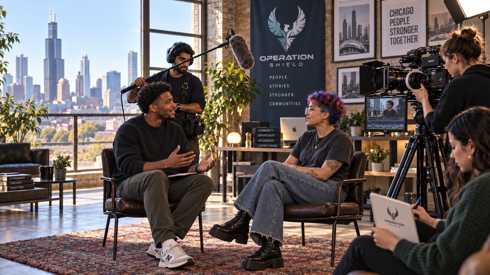 Operation Shield production concept showing a documentary interview in Chicago