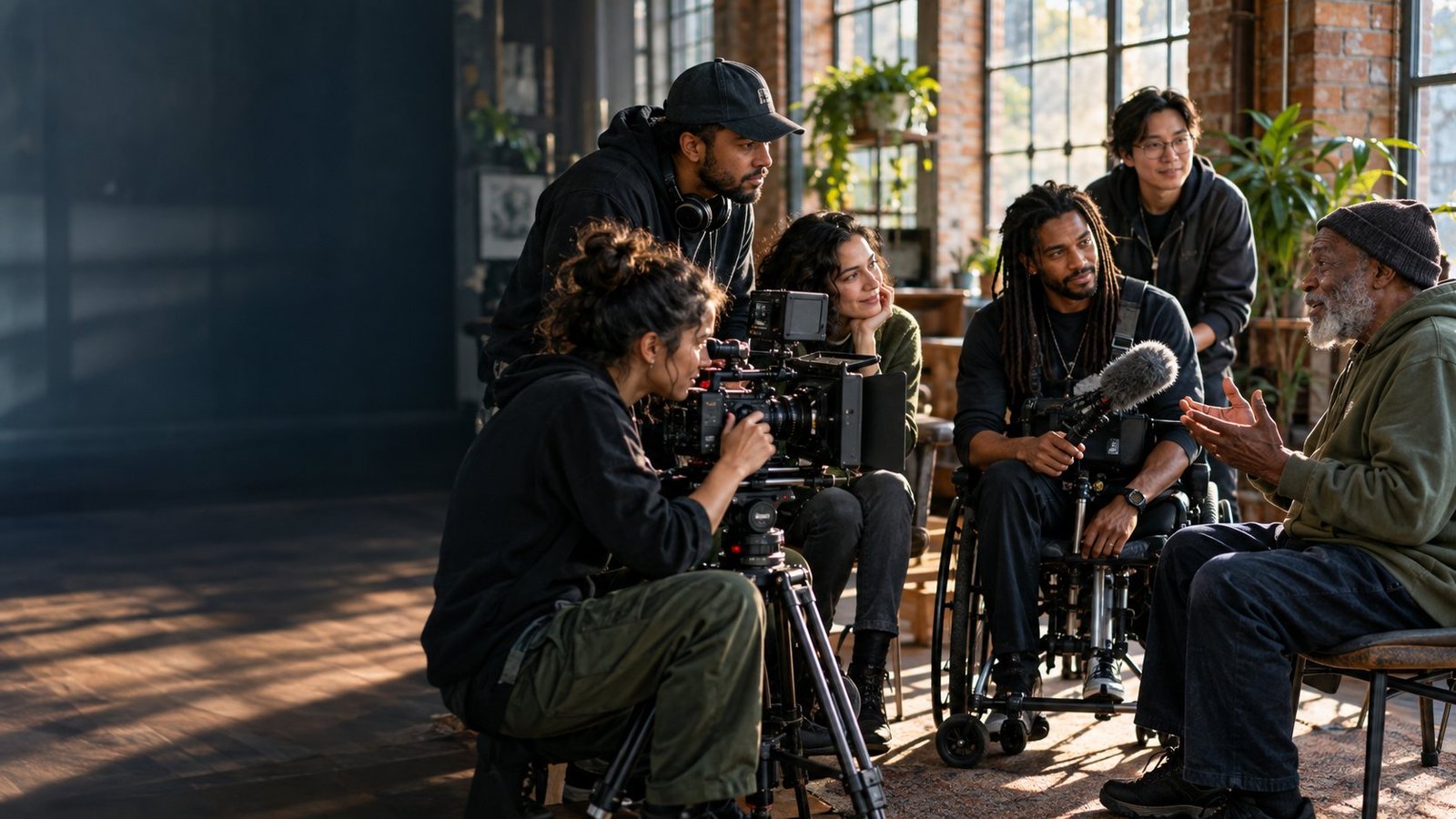 Documentary crew listening to a community storyteller during production