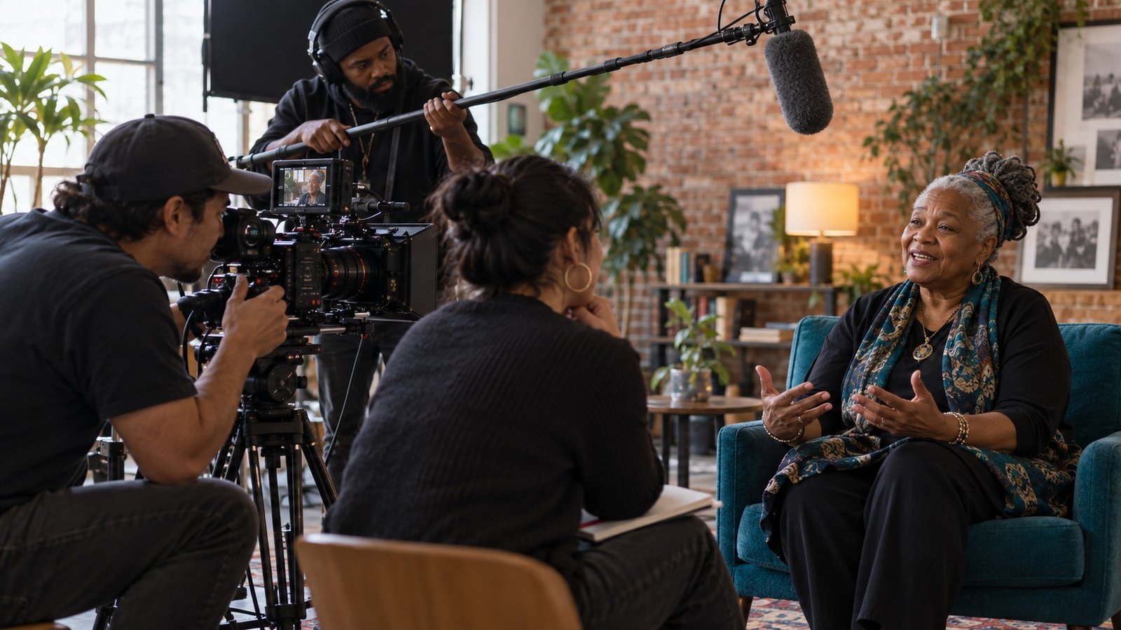A documentary crew interviews a community member in a warm studio.