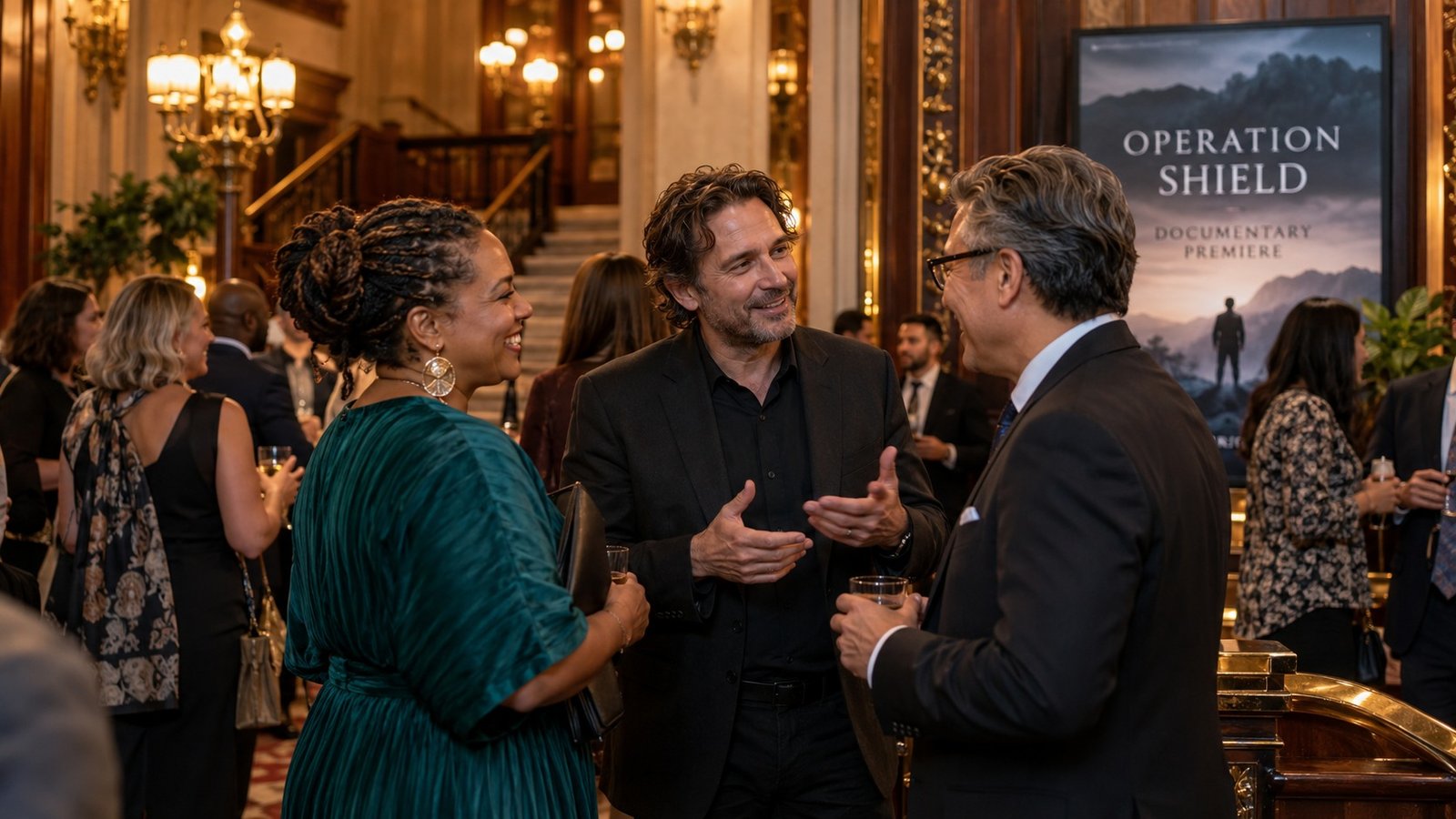 A filmmaker and community supporters talk at a documentary premiere reception.